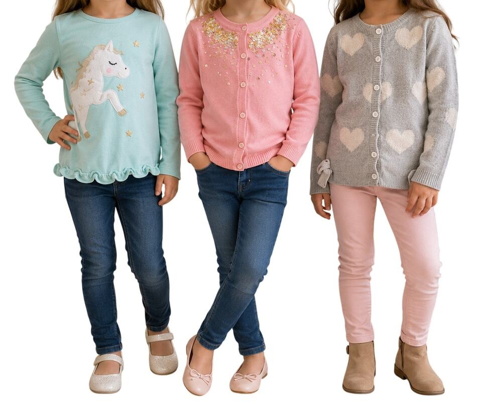 Girls Sweater Lot Size 4-5Y Unicorn Heart Cardigan Sequin Pink 3 Pieces